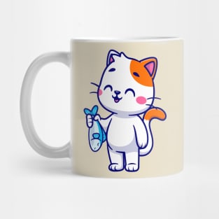 Cute Cat Holding Fish Cartoon Mug